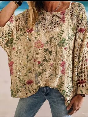 Boho Floral Crochet Knit Oversized Sweater - Cream